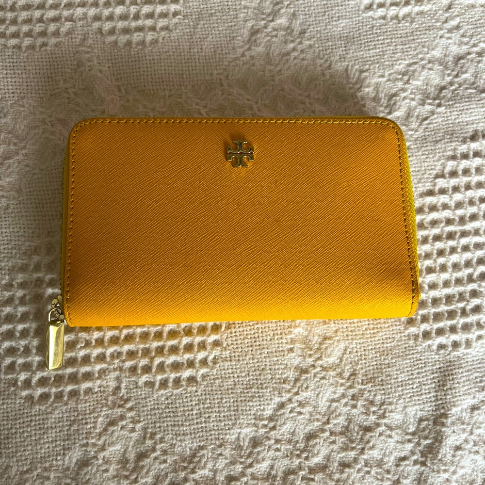 Tory Burch Yellow Zip Around Saffiano Leather Wallet